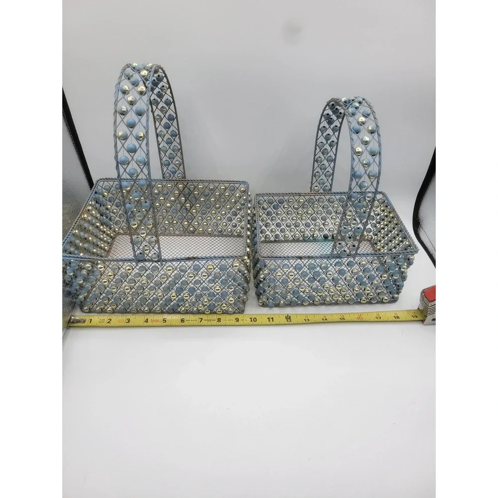 Vintage Beaded Wire Mesh Basket Set 2pc Blue Gold Cottagecore Decorative Storage